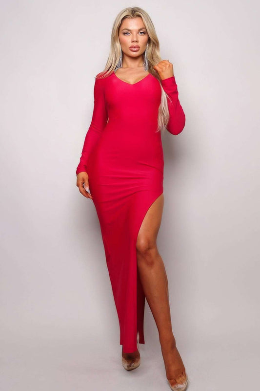 Long Sleeve V Neck Open Back Maxi Dress - The Diva Goddess