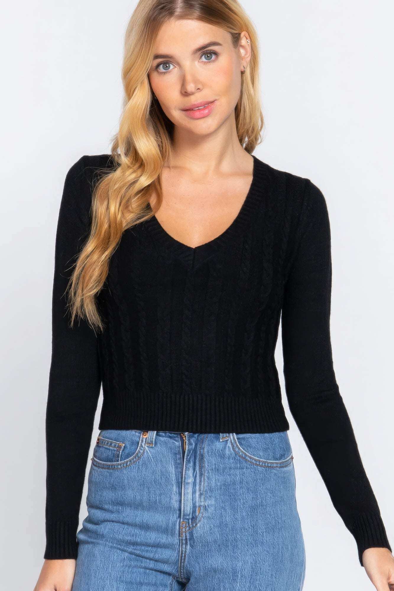 Long Sleeve V-neck Cable Sweater - The Diva Goddess