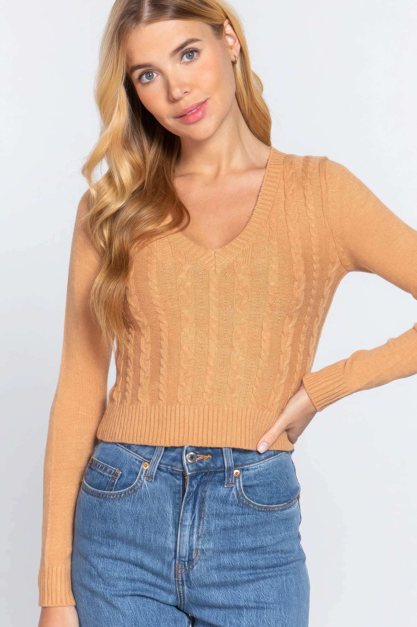 Long Sleeve V-neck Cable Sweater - The Diva Goddess