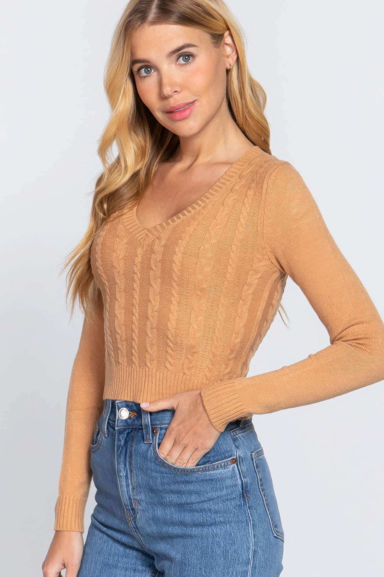 Long Sleeve V-neck Cable Sweater - The Diva Goddess