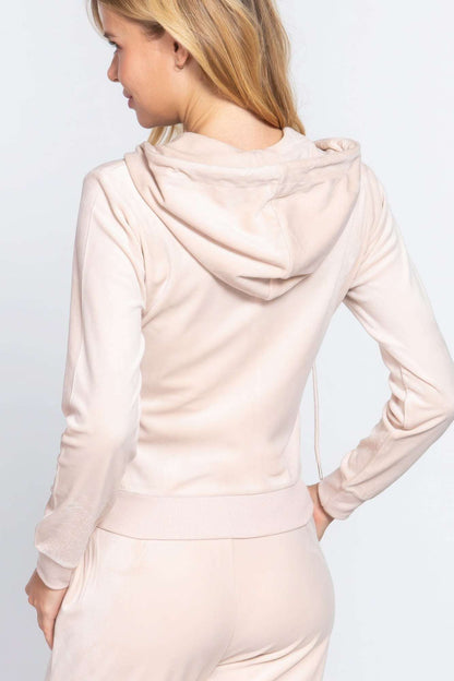 Long Sleeve Velour Hoodie Zip Up Jacket - The Diva Goddess