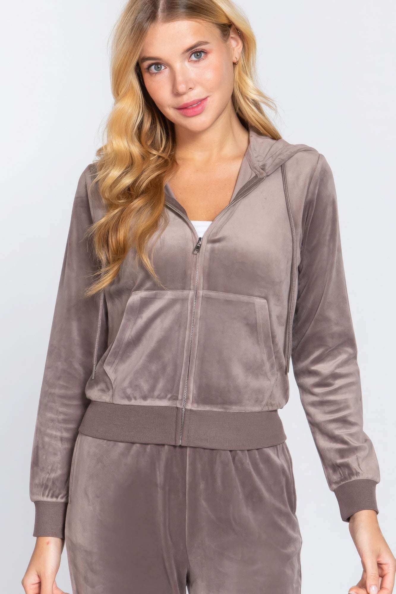 Long Sleeve Velour Hoodie Zip Up Jacket - The Diva Goddess