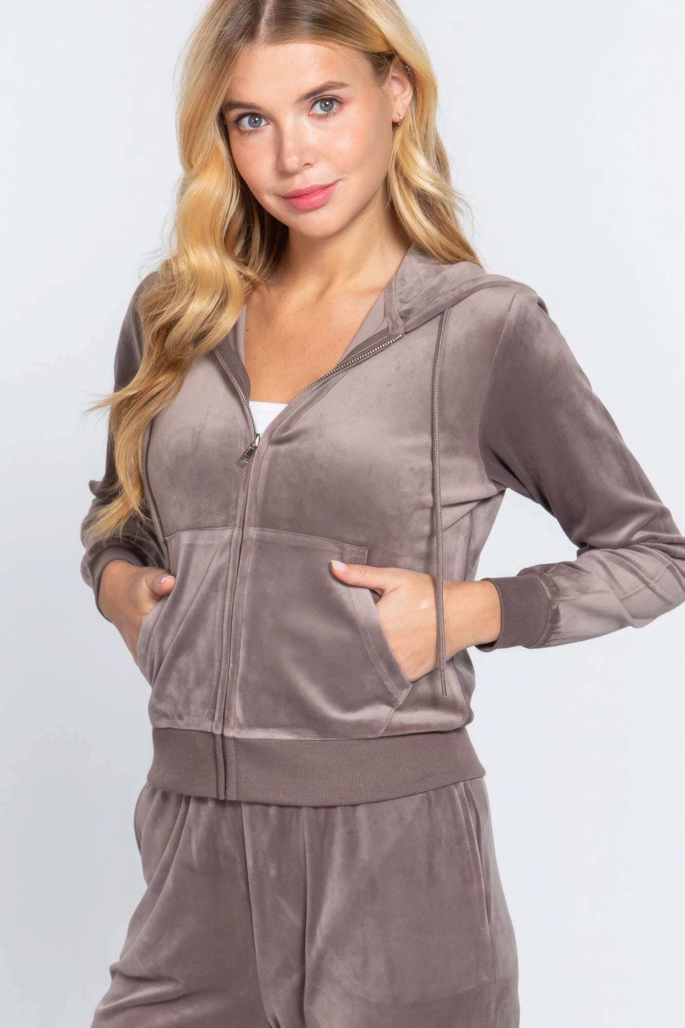 Long Sleeve Velour Hoodie Zip Up Jacket - The Diva Goddess