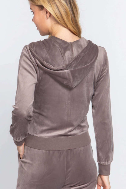 Long Sleeve Velour Hoodie Zip Up Jacket - The Diva Goddess