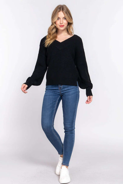 Long Slv Double V-neck Sweater - The Diva Goddess