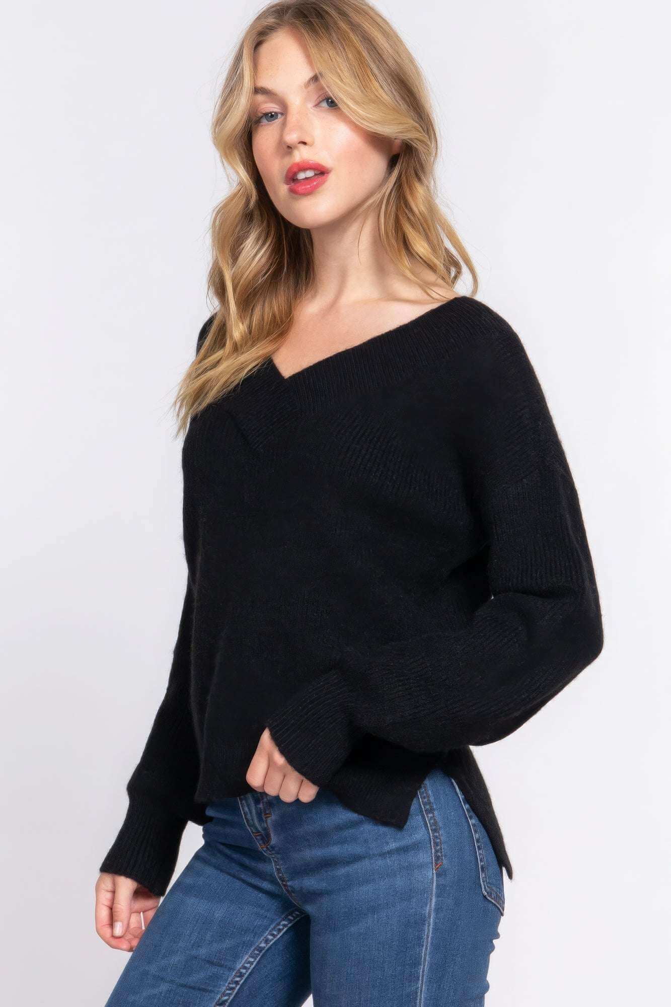 Long Slv Double V-neck Sweater - The Diva Goddess