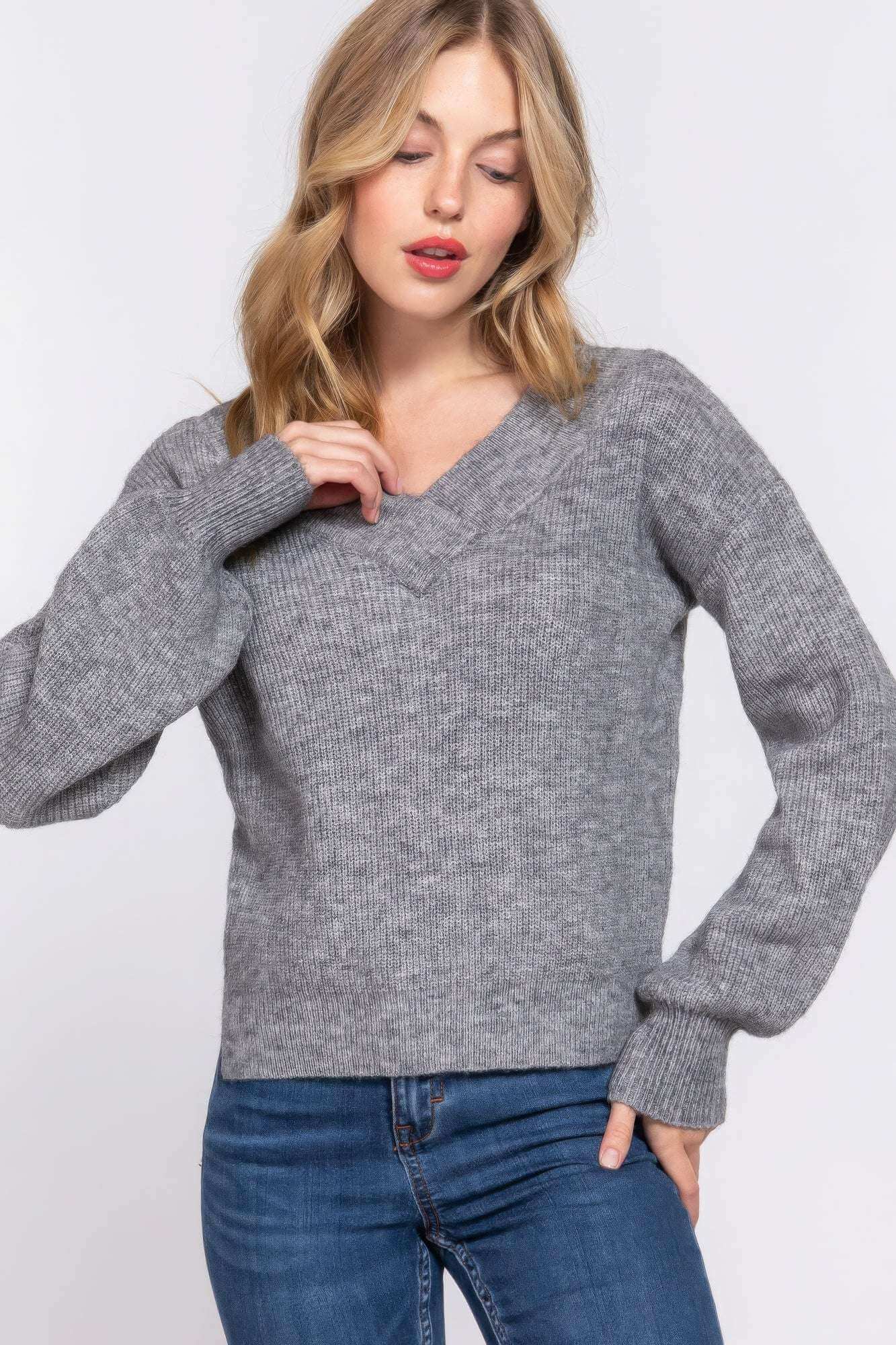 Long Slv Double V-neck Sweater - The Diva Goddess