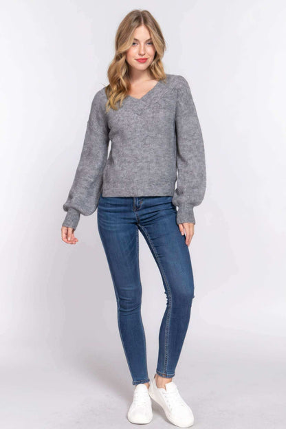 Long Slv Double V-neck Sweater - The Diva Goddess