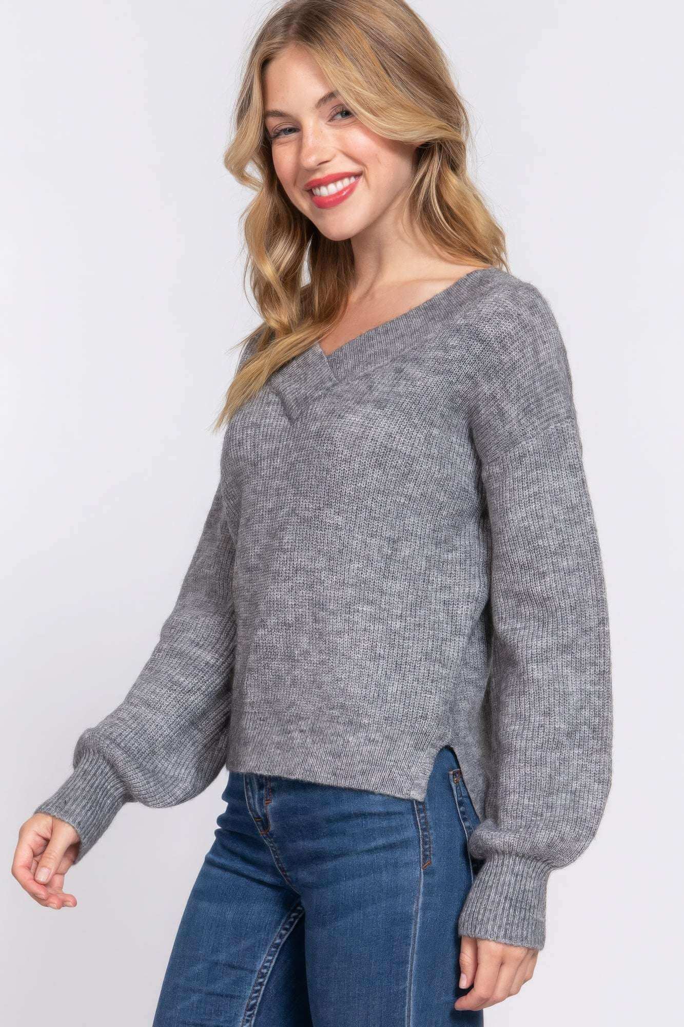 Long Slv Double V-neck Sweater - The Diva Goddess