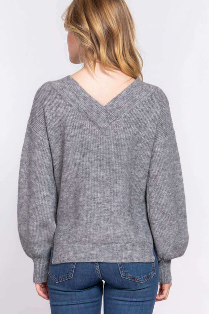 Long Slv Double V-neck Sweater - The Diva Goddess