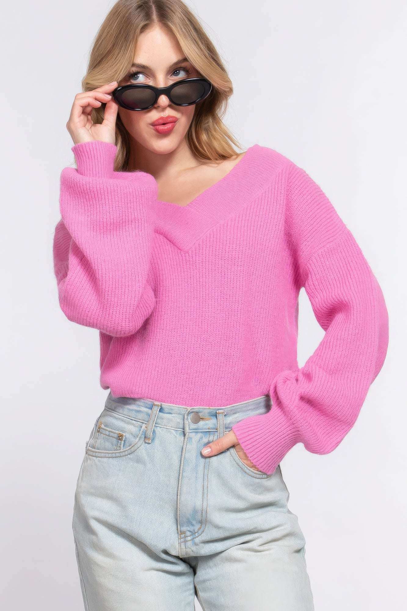 Long Slv Double V-neck Sweater - The Diva Goddess