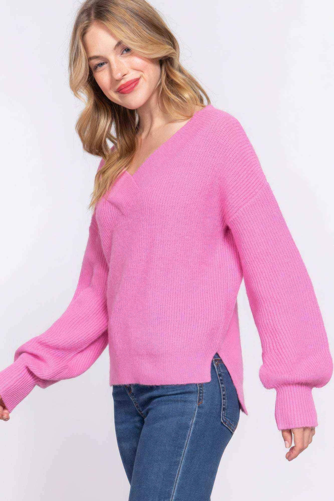 Long Slv Double V-neck Sweater - The Diva Goddess