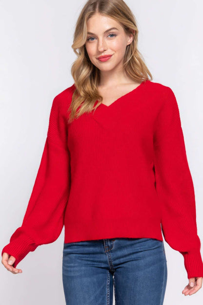 Long Slv Double V-neck Sweater - The Diva Goddess