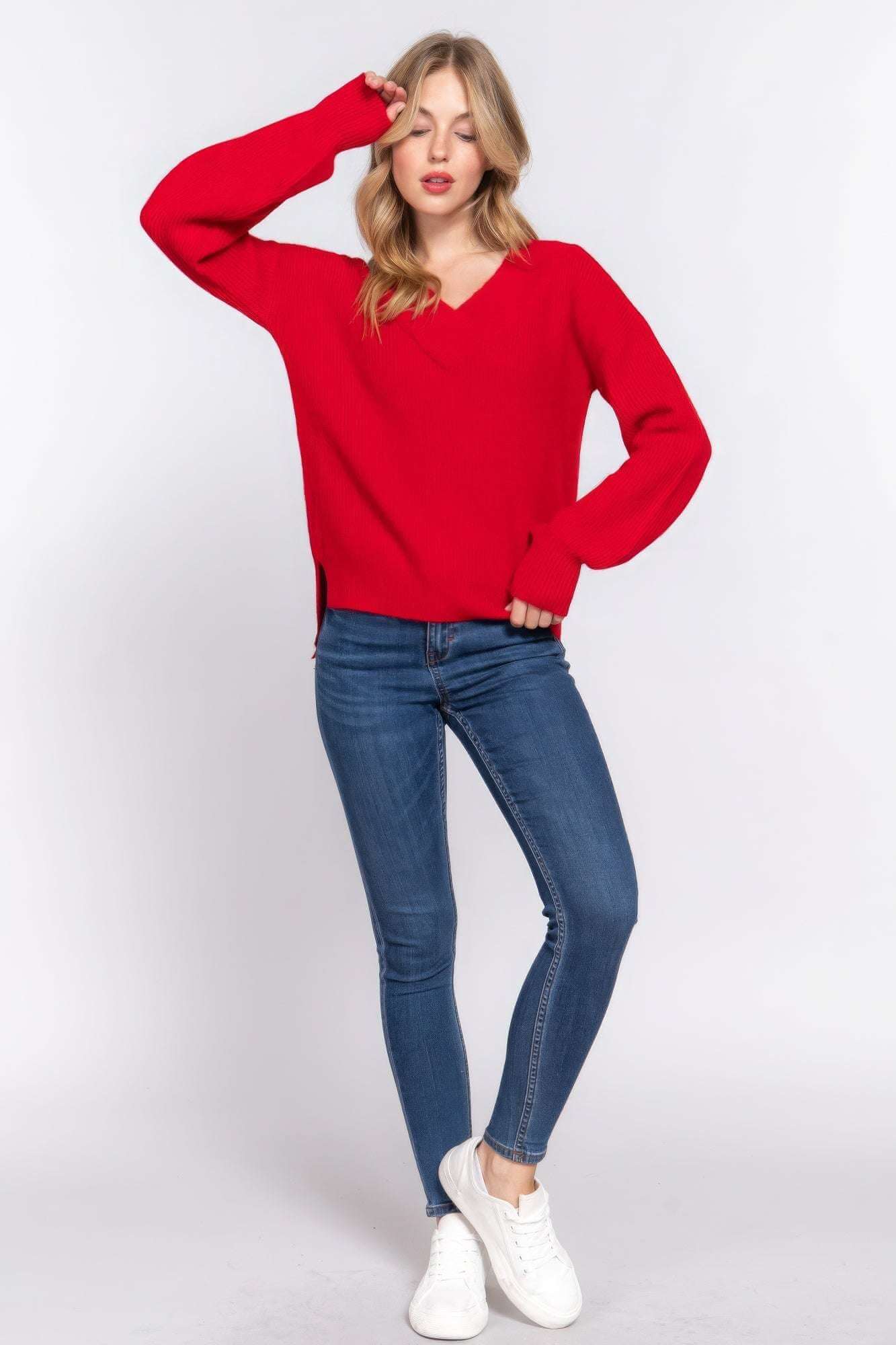 Long Slv Double V-neck Sweater - The Diva Goddess