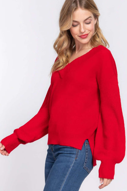 Long Slv Double V-neck Sweater - The Diva Goddess