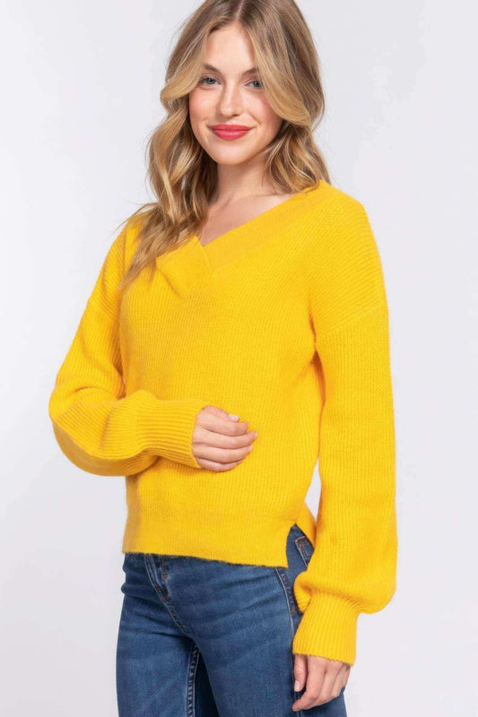 Long Slv Double V-neck Sweater - The Diva Goddess