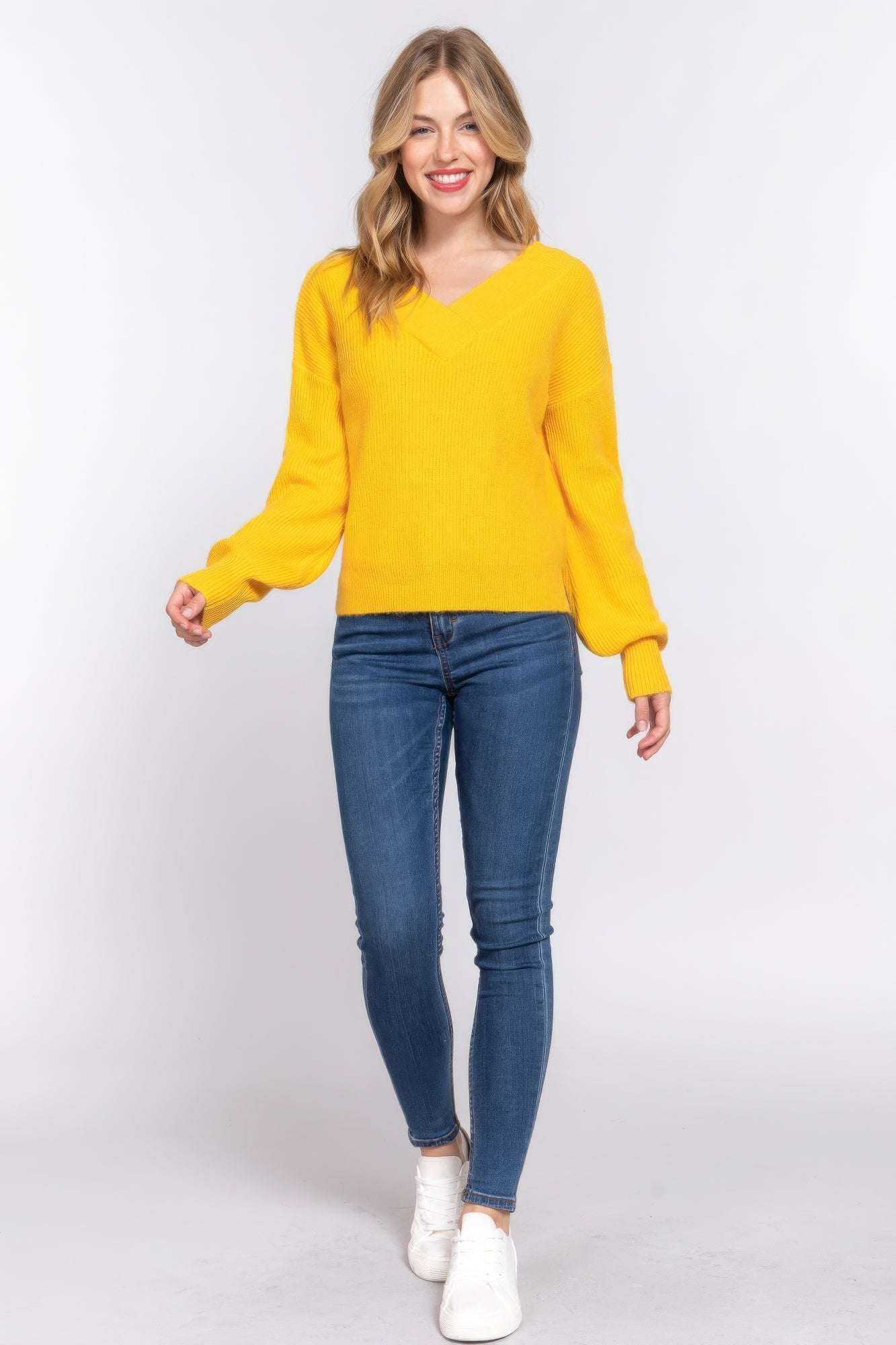 Long Slv Double V-neck Sweater - The Diva Goddess