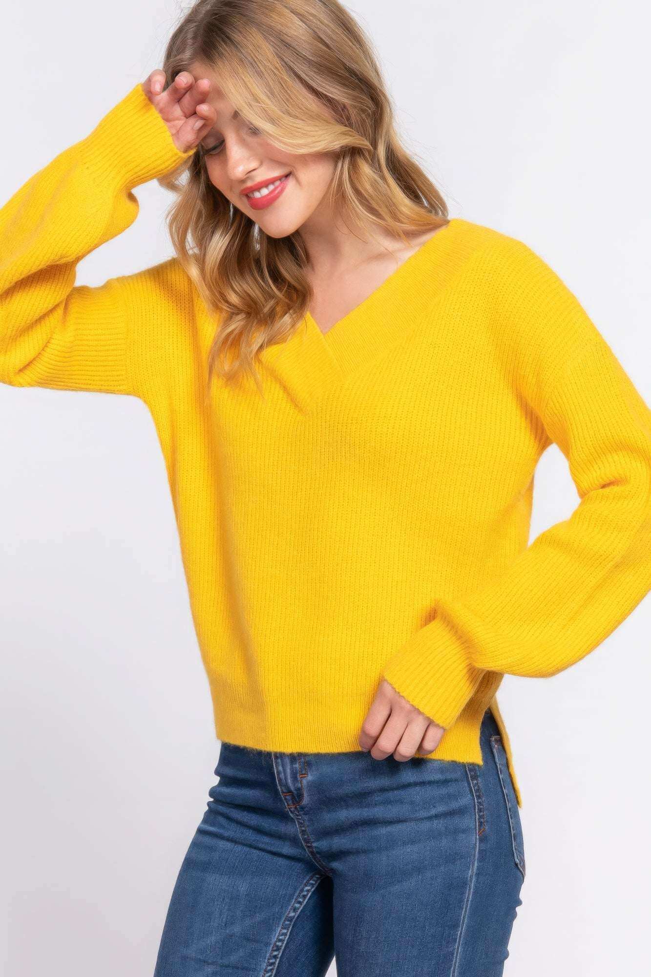 Long Slv Double V-neck Sweater - The Diva Goddess