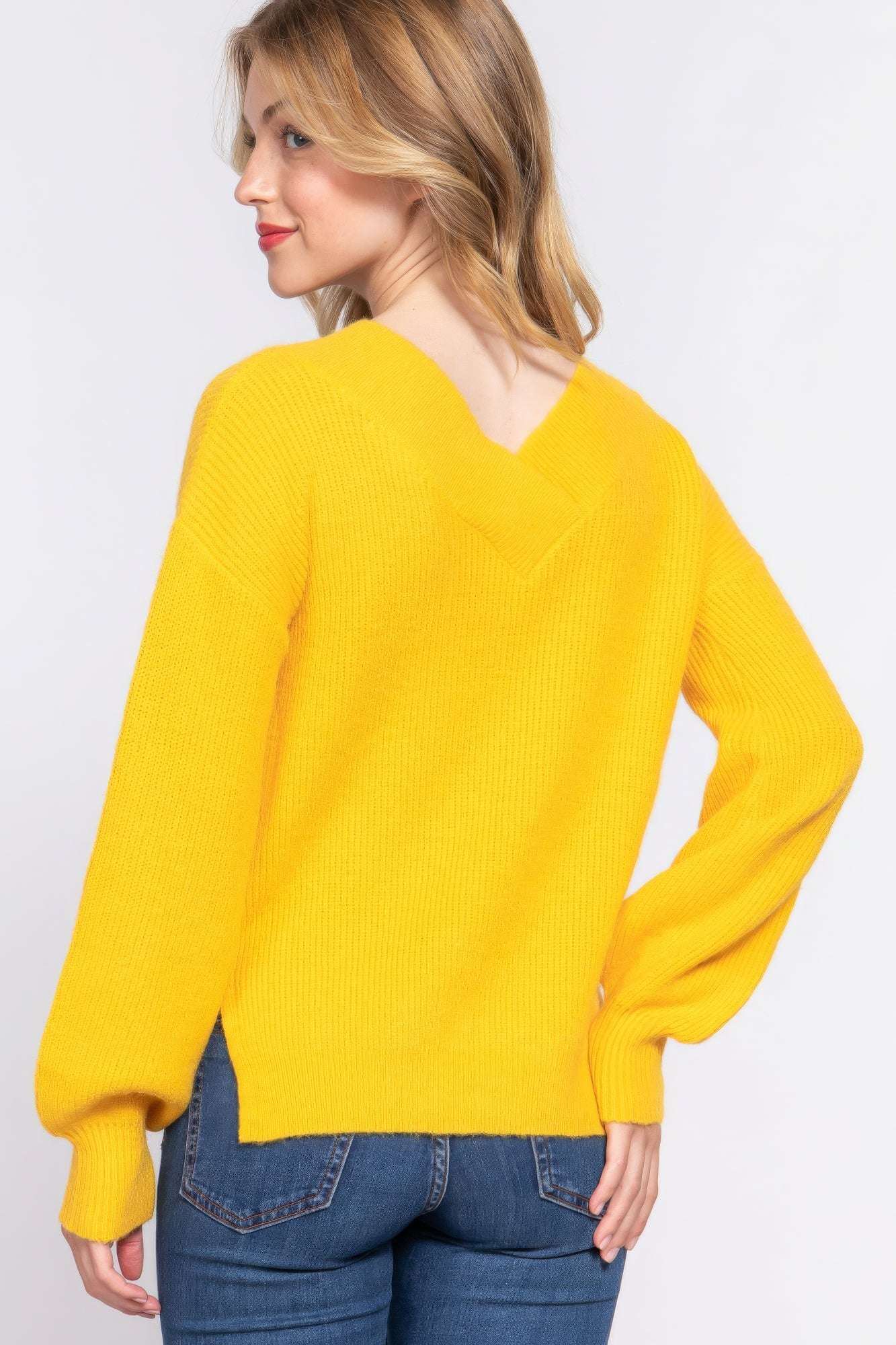 Long Slv Double V-neck Sweater - The Diva Goddess