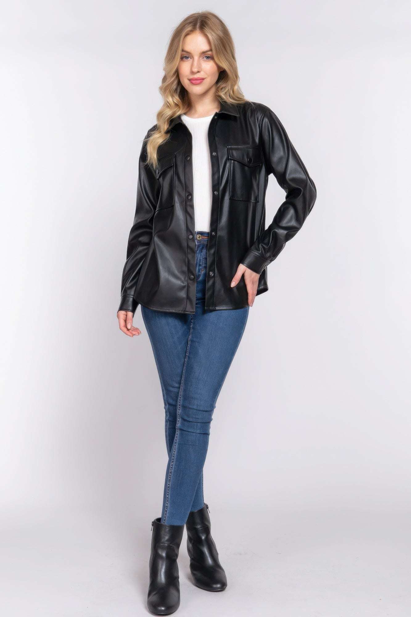 Long Slv Faux Leather Shacket - The Diva Goddess