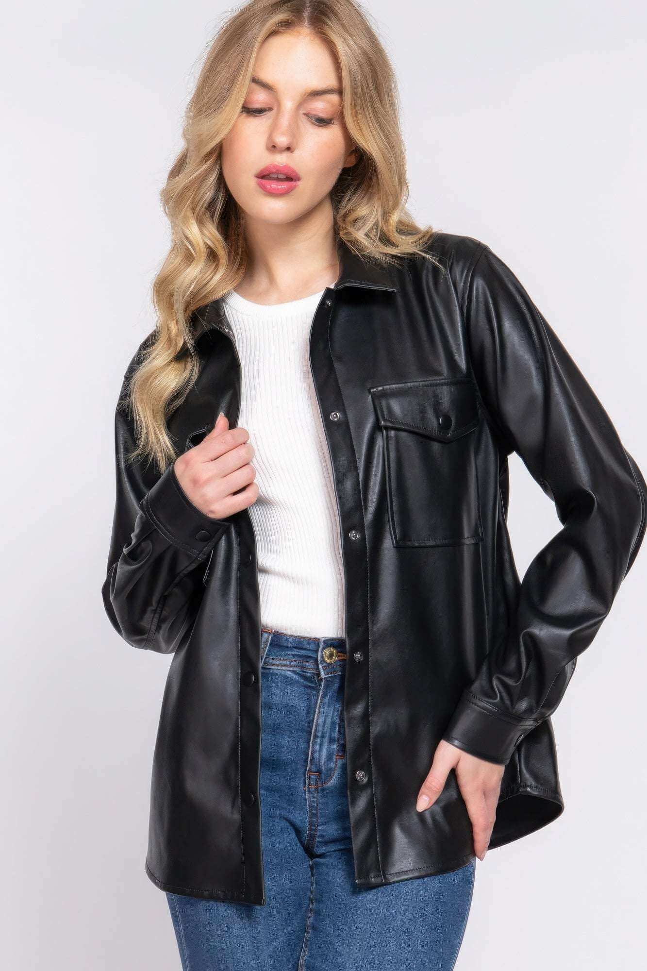 Long Slv Faux Leather Shacket - The Diva Goddess