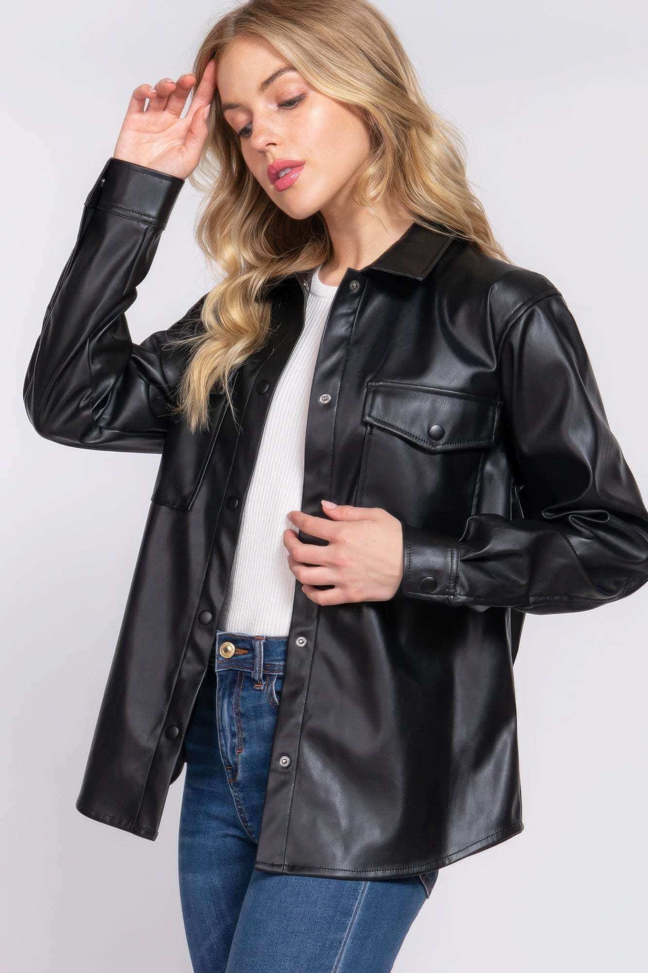 Long Slv Faux Leather Shacket - The Diva Goddess