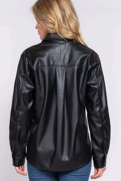 Long Slv Faux Leather Shacket - The Diva Goddess