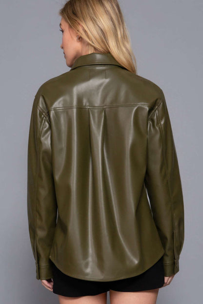 Long Slv Faux Leather Shacket - The Diva Goddess