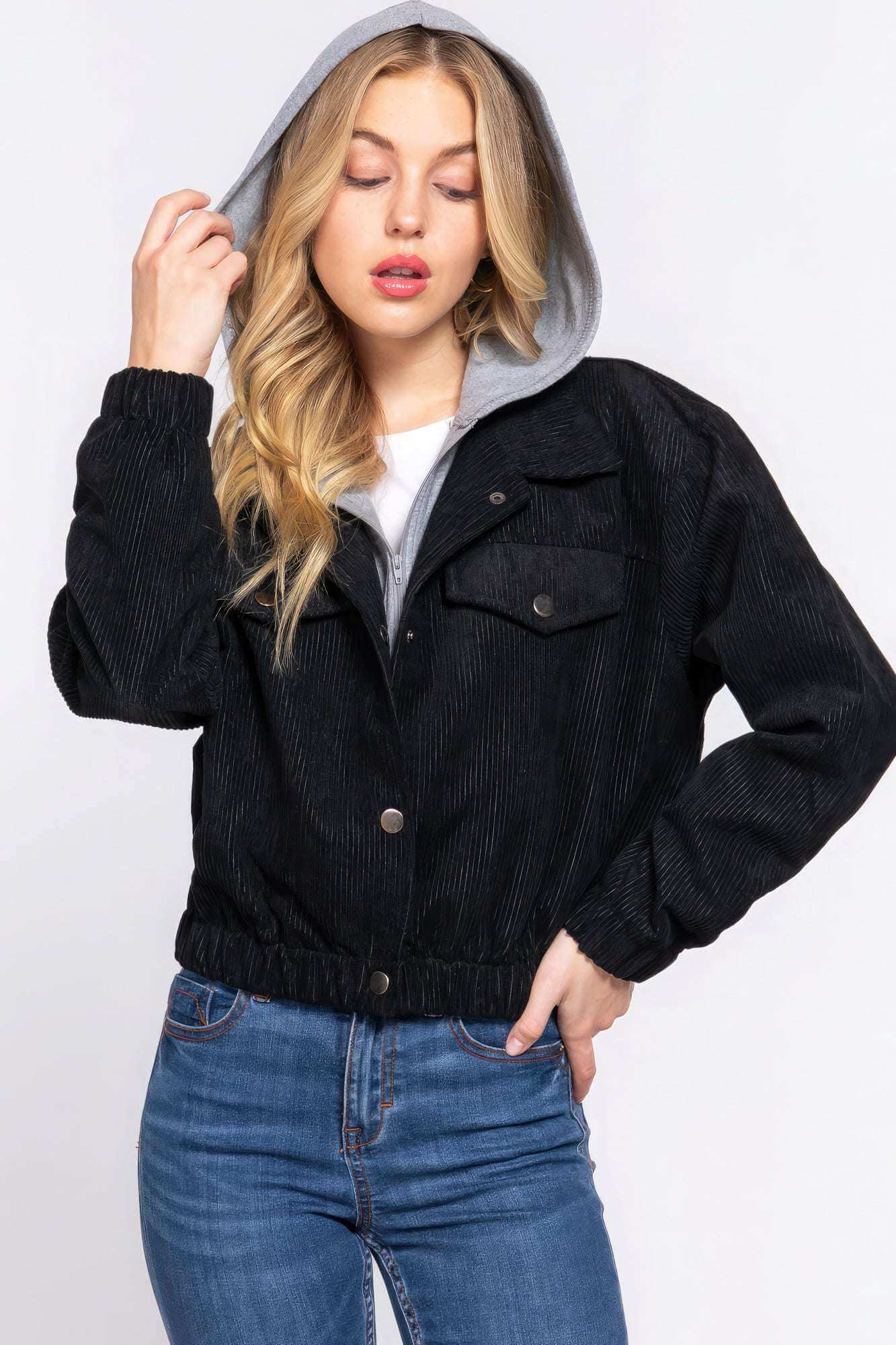 Long Slv Hoodie Corduroy Jacket - The Diva Goddess