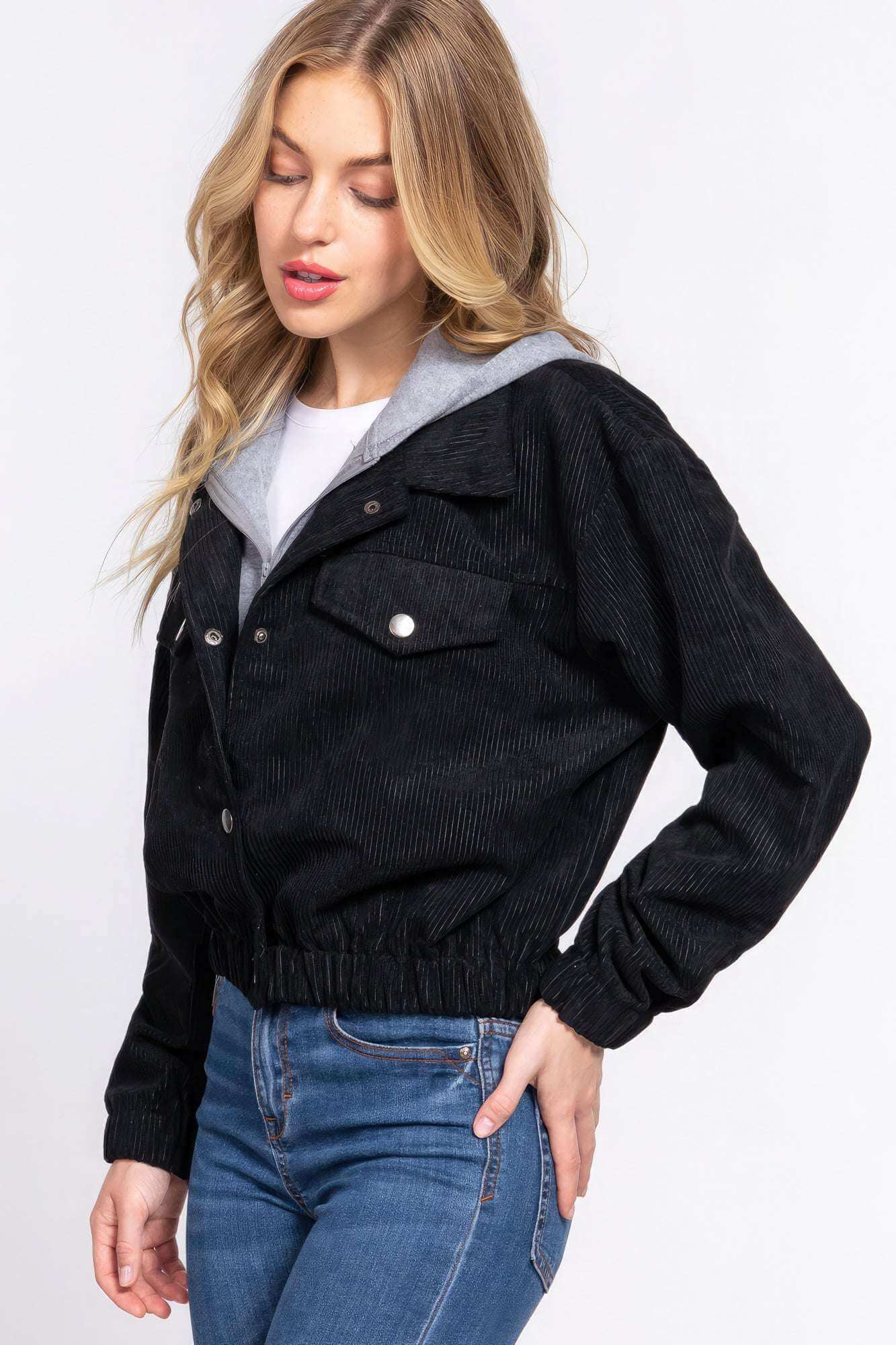 Long Slv Hoodie Corduroy Jacket - The Diva Goddess