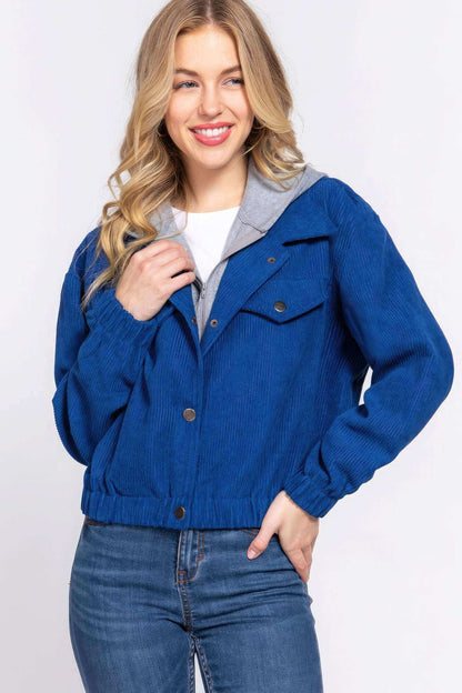 Long Slv Hoodie Corduroy Jacket - The Diva Goddess