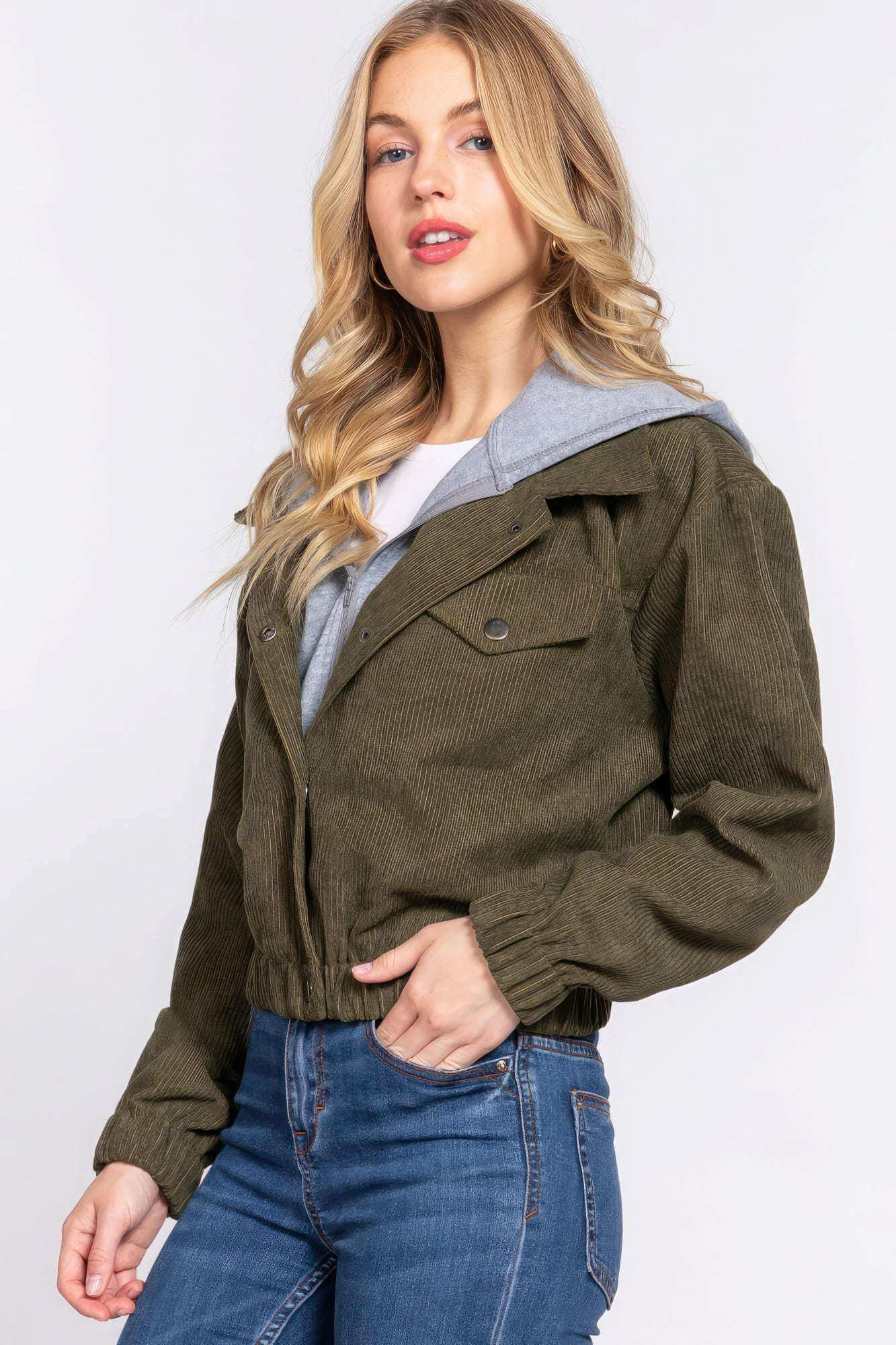 Long Slv Hoodie Corduroy Jacket - The Diva Goddess