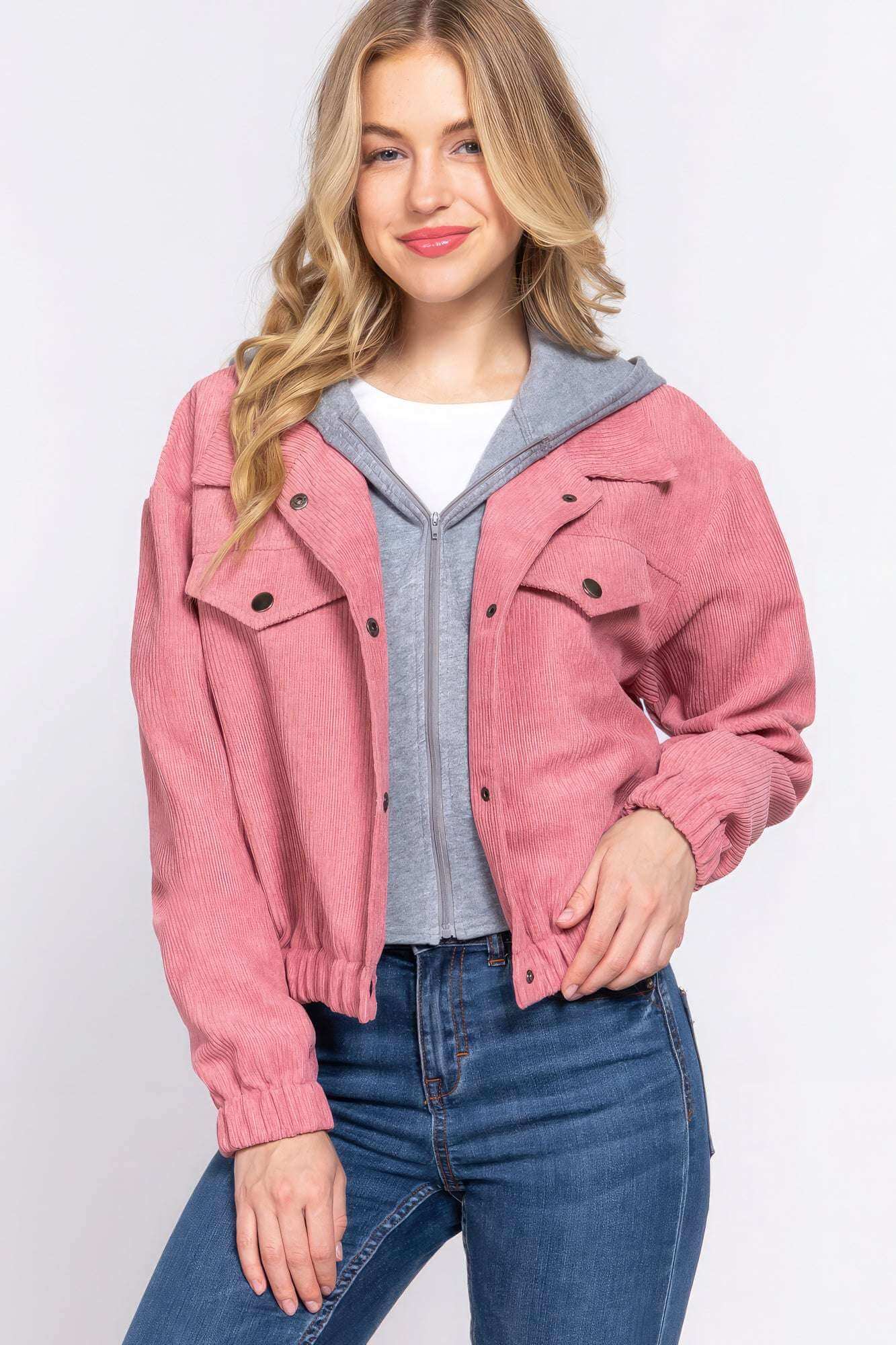 Long Slv Hoodie Corduroy Jacket - The Diva Goddess