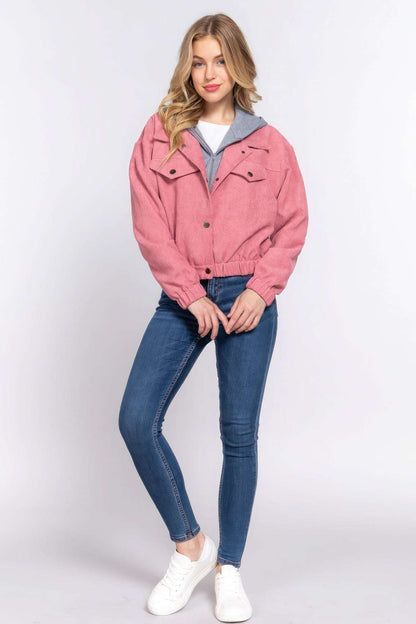 Long Slv Hoodie Corduroy Jacket - The Diva Goddess