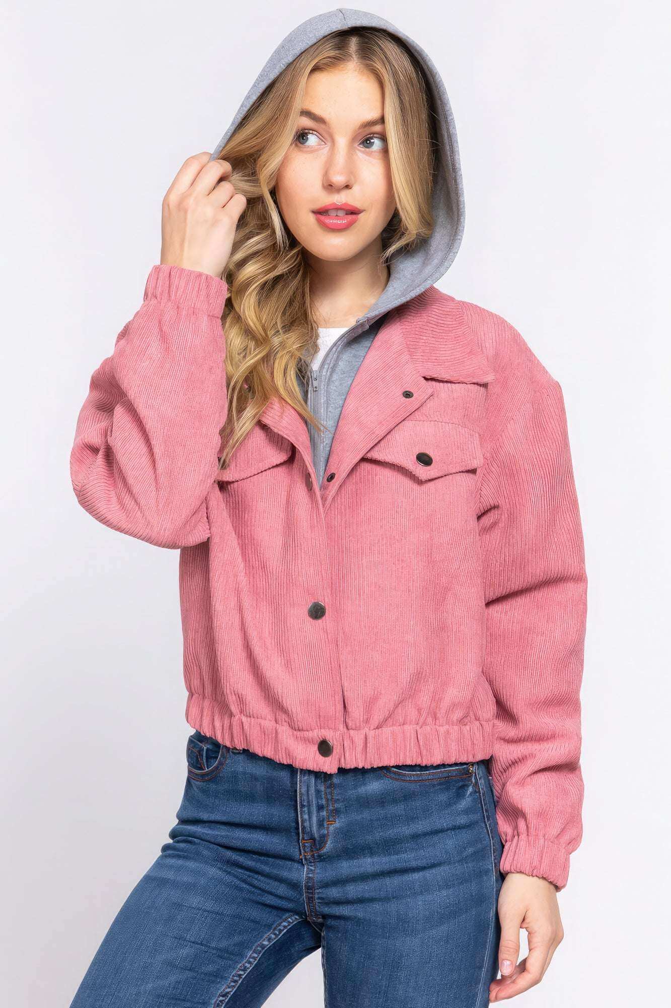 Long Slv Hoodie Corduroy Jacket - The Diva Goddess