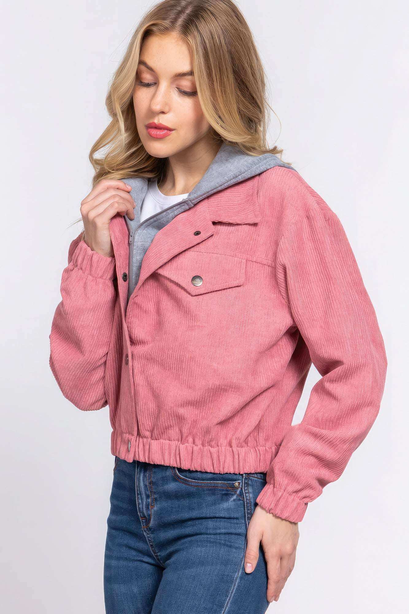 Long Slv Hoodie Corduroy Jacket - The Diva Goddess