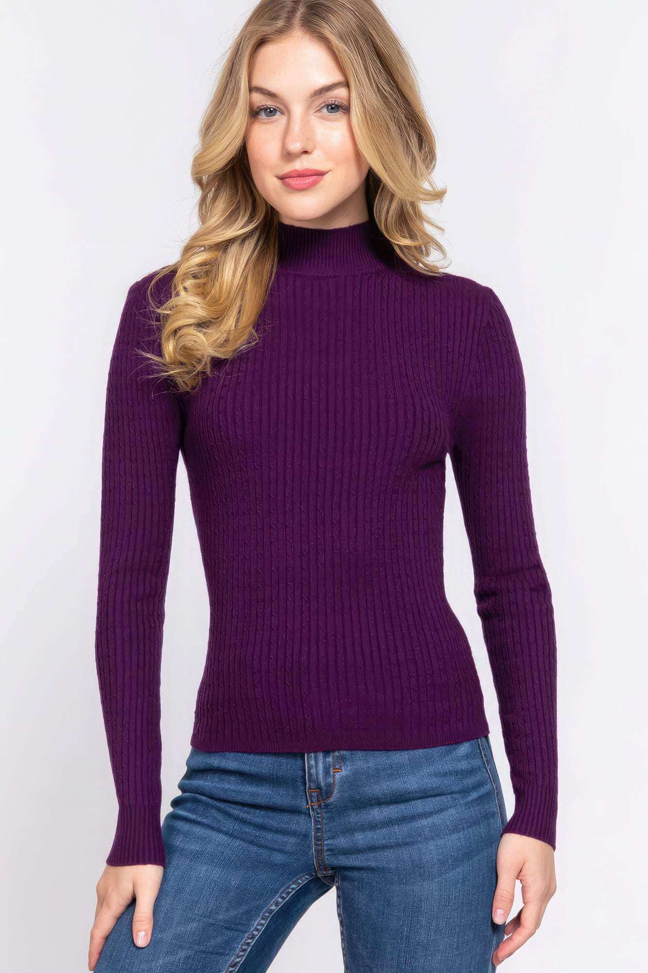 Long Slv Mock Neck Rib Sweater - The Diva Goddess