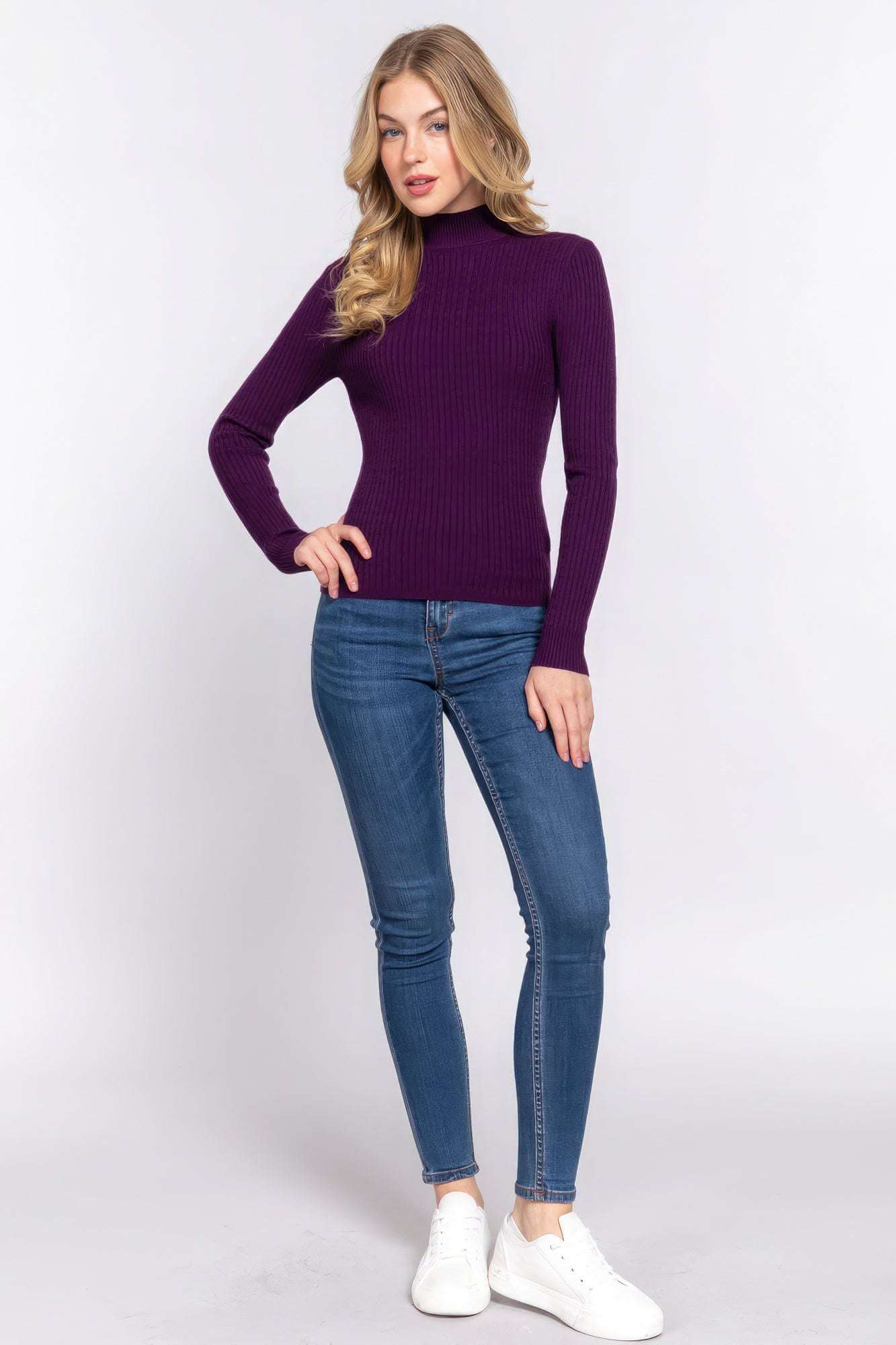 Long Slv Mock Neck Rib Sweater - The Diva Goddess