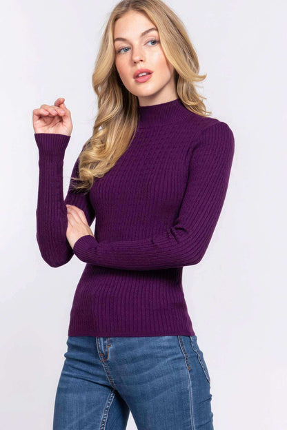 Long Slv Mock Neck Rib Sweater - The Diva Goddess