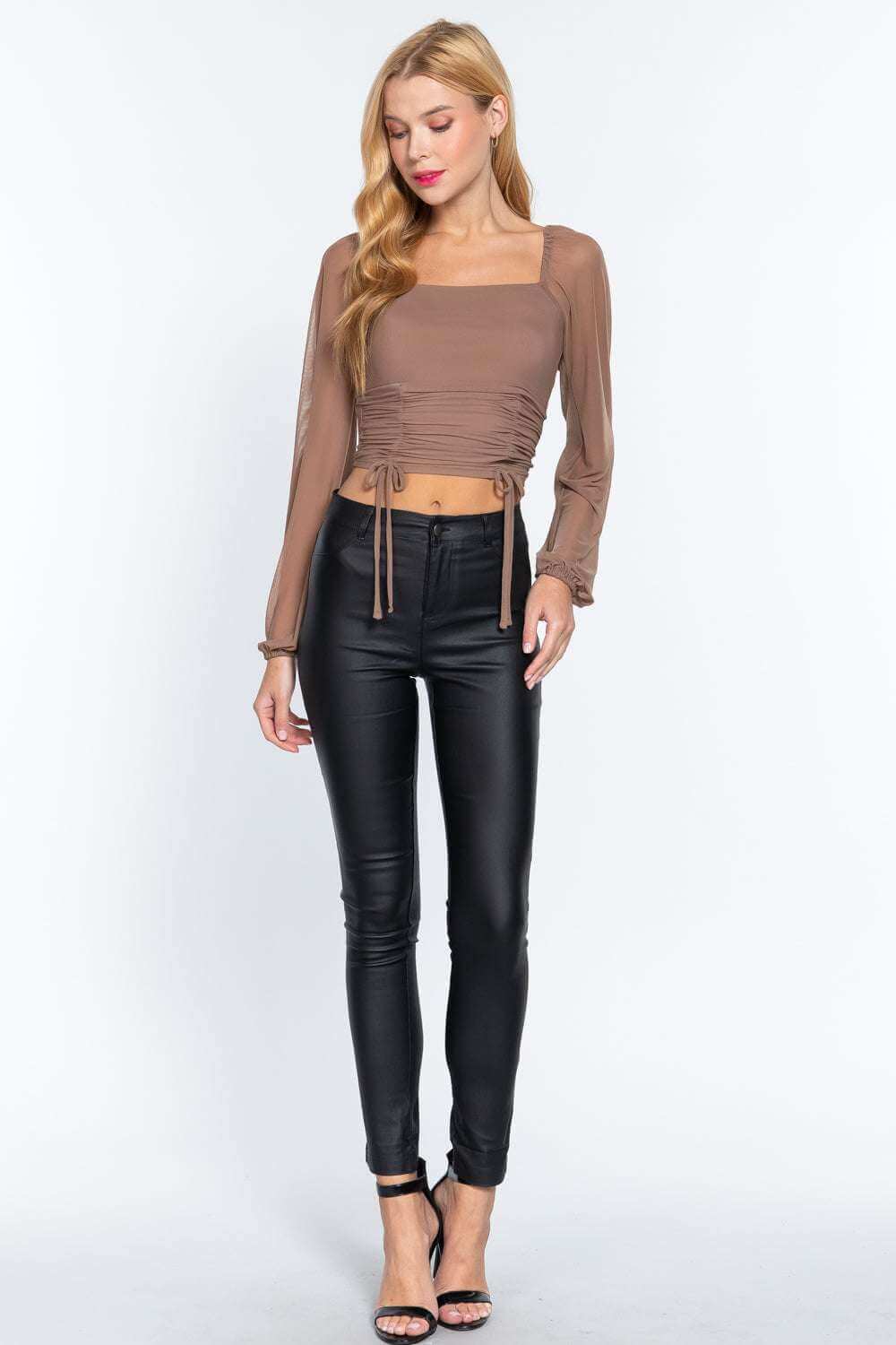 Long Slv Ruched Mesh Knit Top - The Diva Goddess