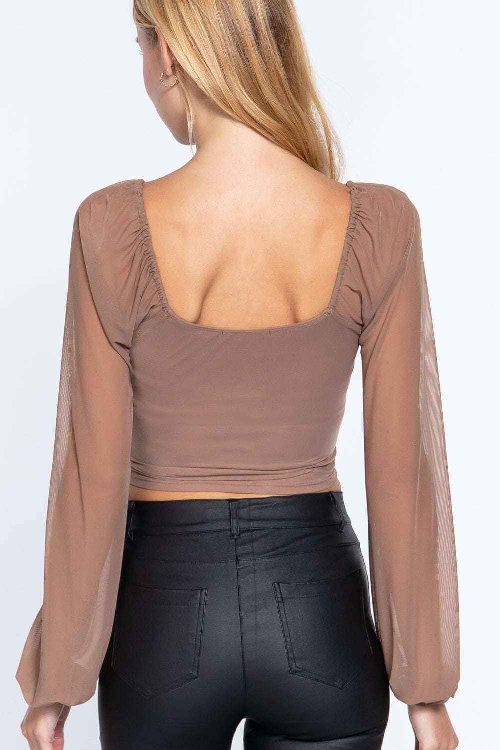 Long Slv Ruched Mesh Knit Top - The Diva Goddess