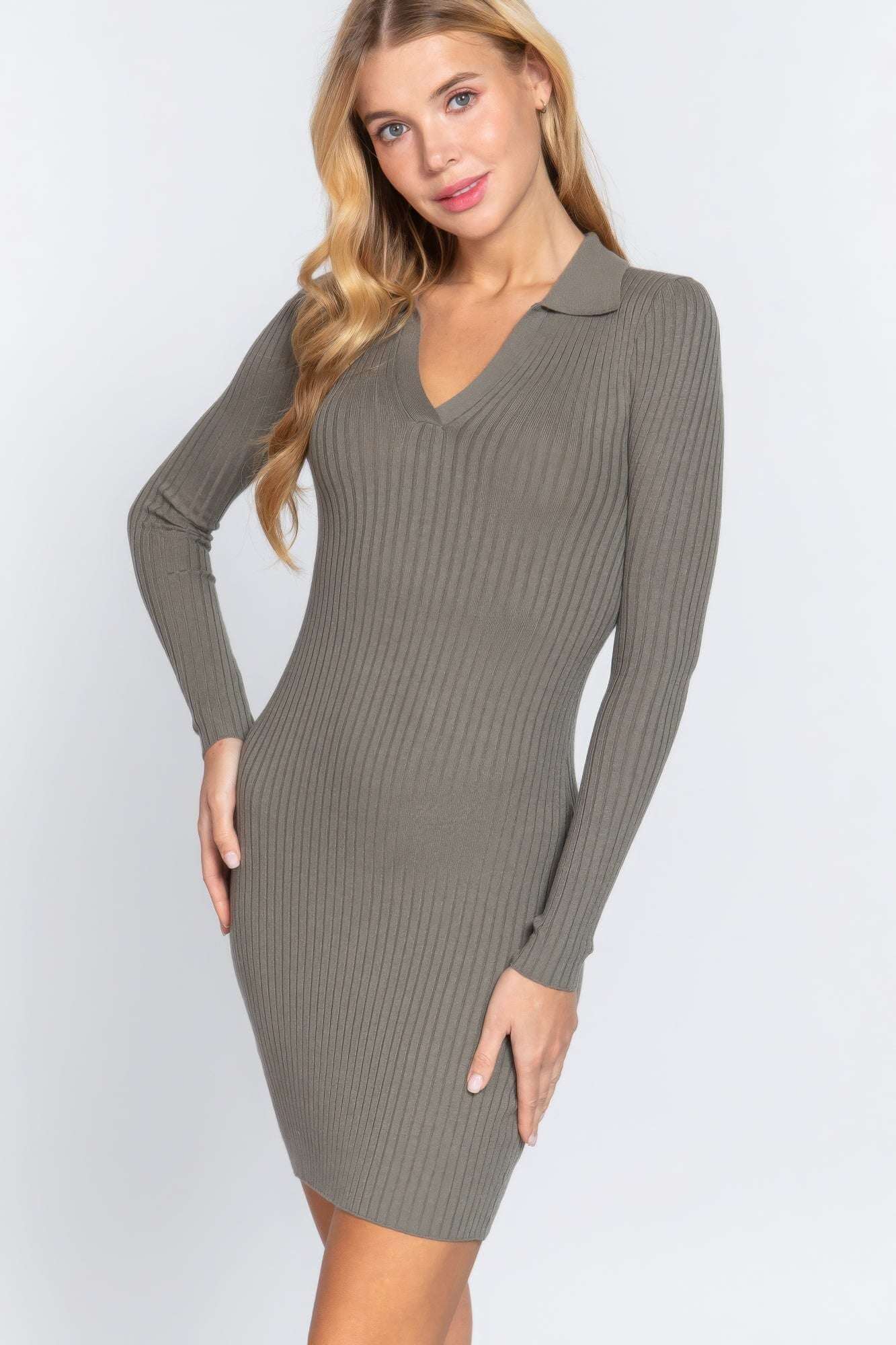 Long Slv V-neck Sweater Rib Mini Dress - The Diva Goddess