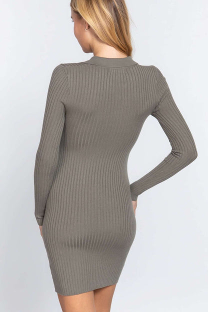 Long Slv V-neck Sweater Rib Mini Dress - The Diva Goddess