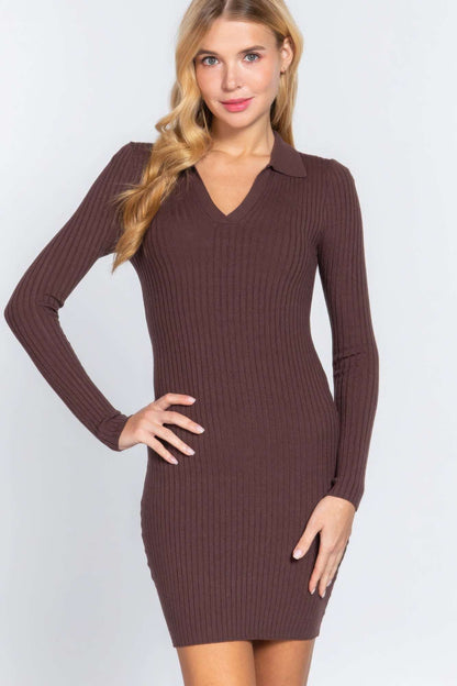 Long Slv V-neck Sweater Rib Mini Dress - The Diva Goddess