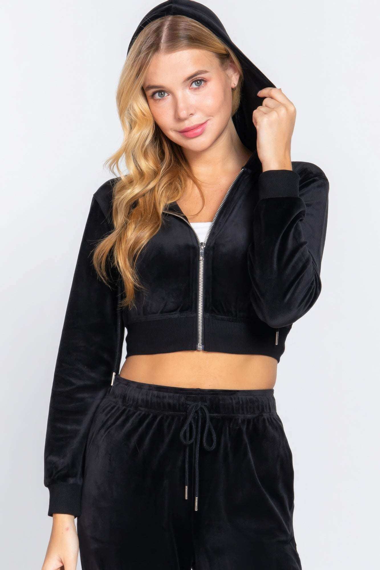 Long Slv Velour Hoodie Crop Jacket - The Diva Goddess