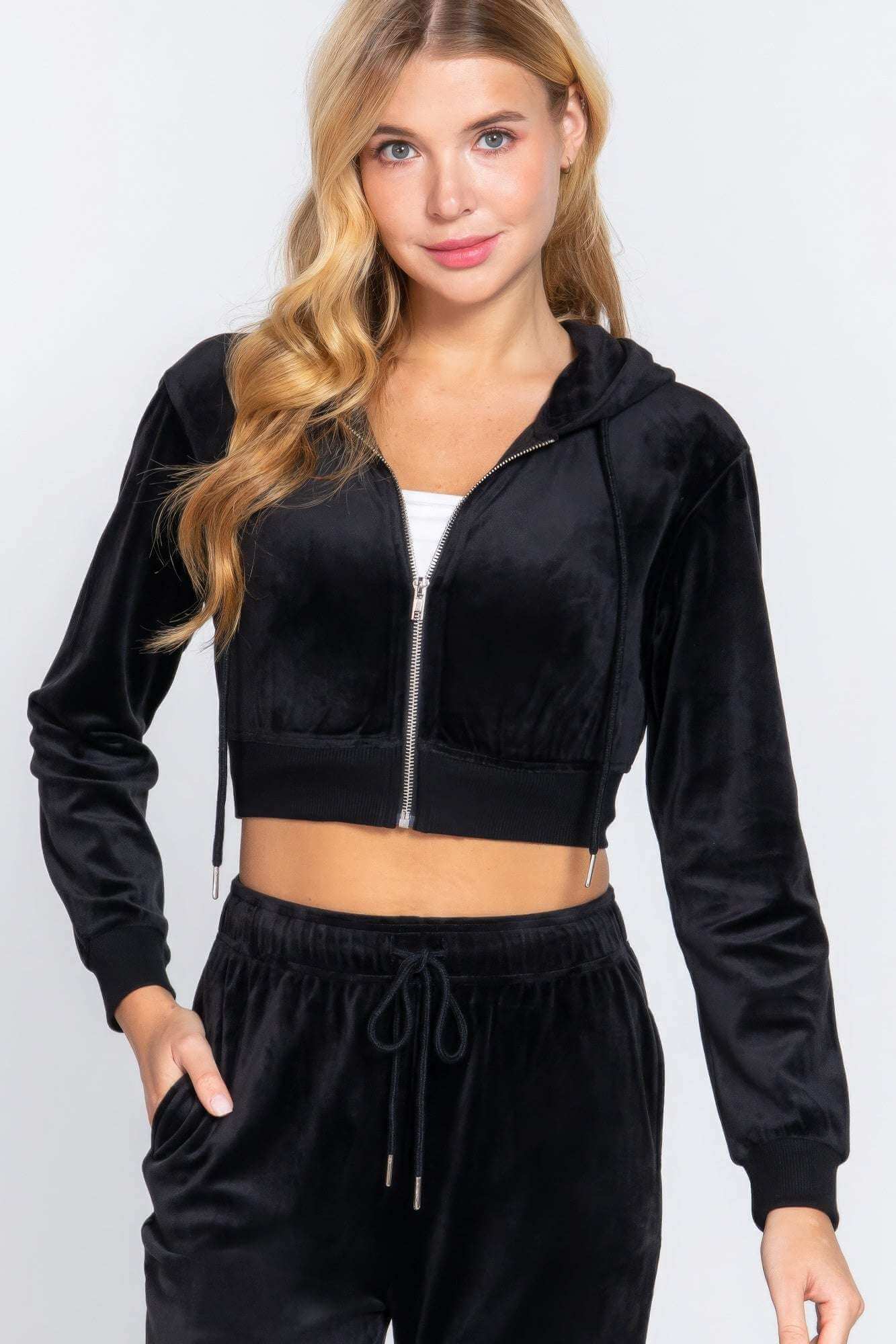 Long Slv Velour Hoodie Crop Jacket - The Diva Goddess