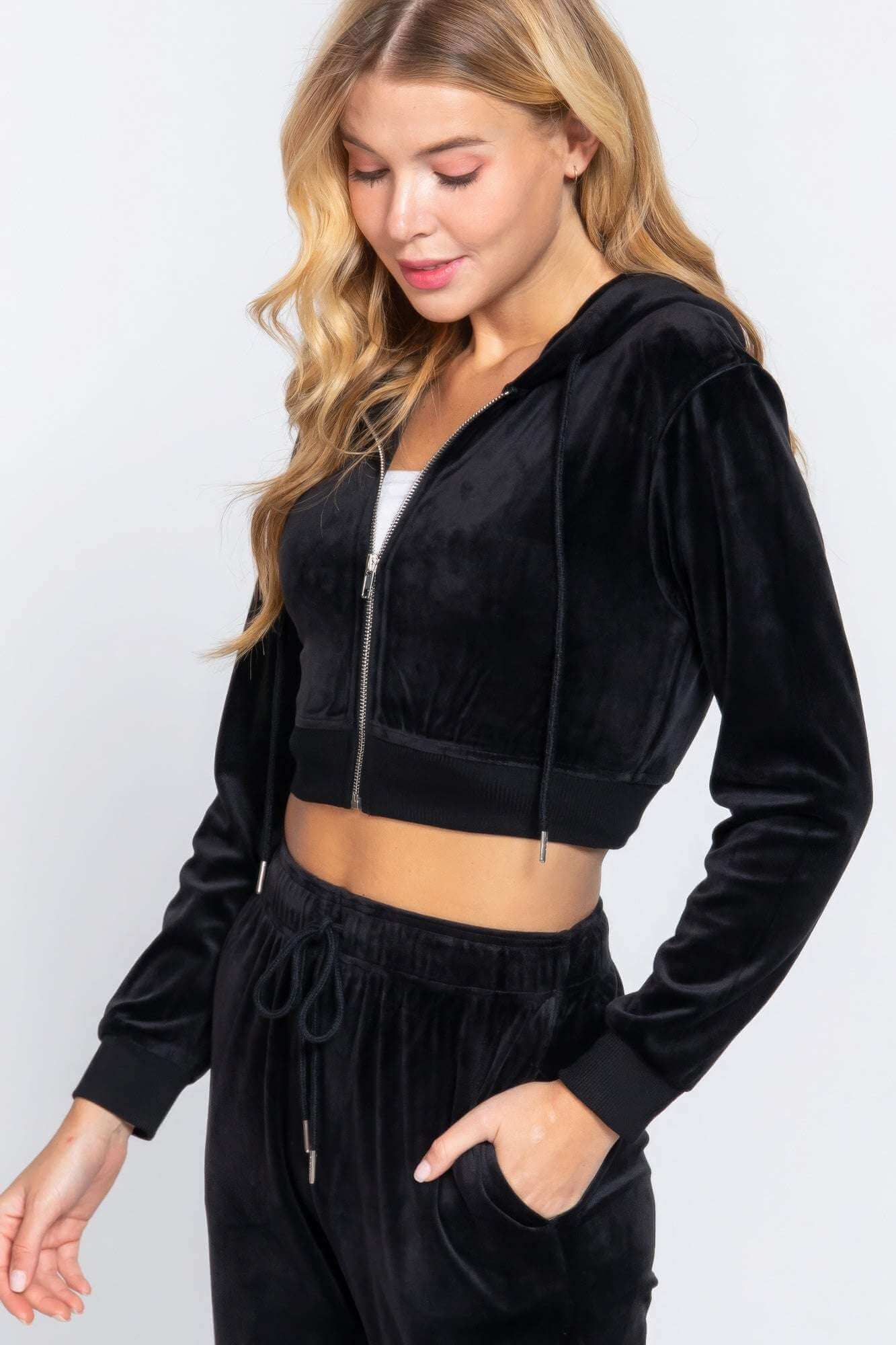 Long Slv Velour Hoodie Crop Jacket - The Diva Goddess