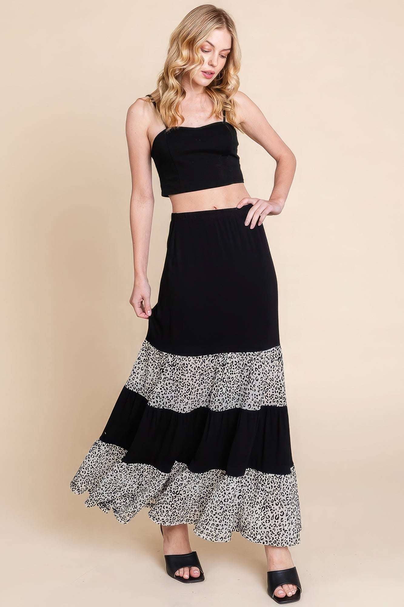 Long Tiered Contrast Fashion Skirt With Velvet Animal Print Mesh - The Diva Goddess