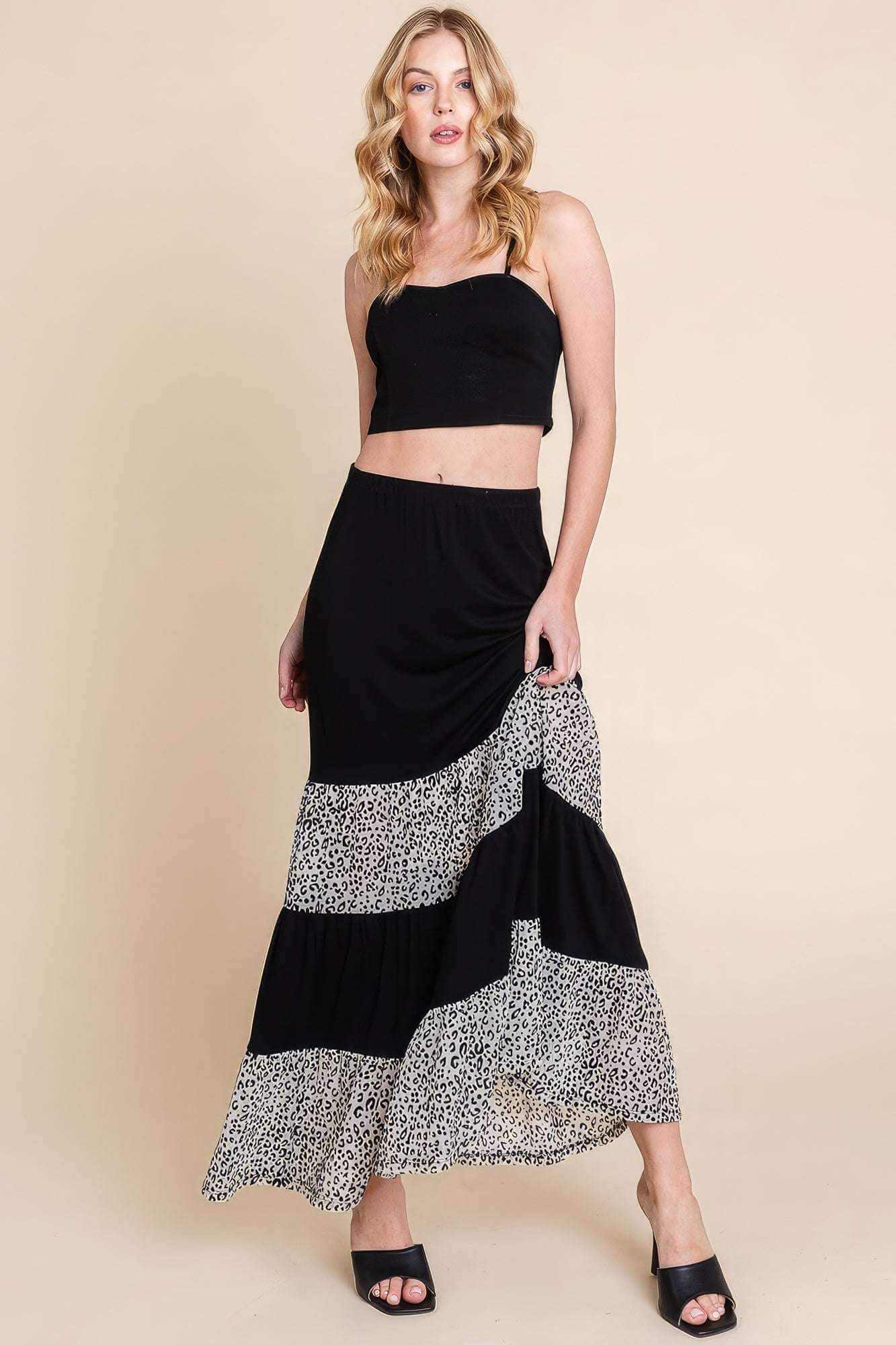 Long Tiered Contrast Fashion Skirt With Velvet Animal Print Mesh - The Diva Goddess