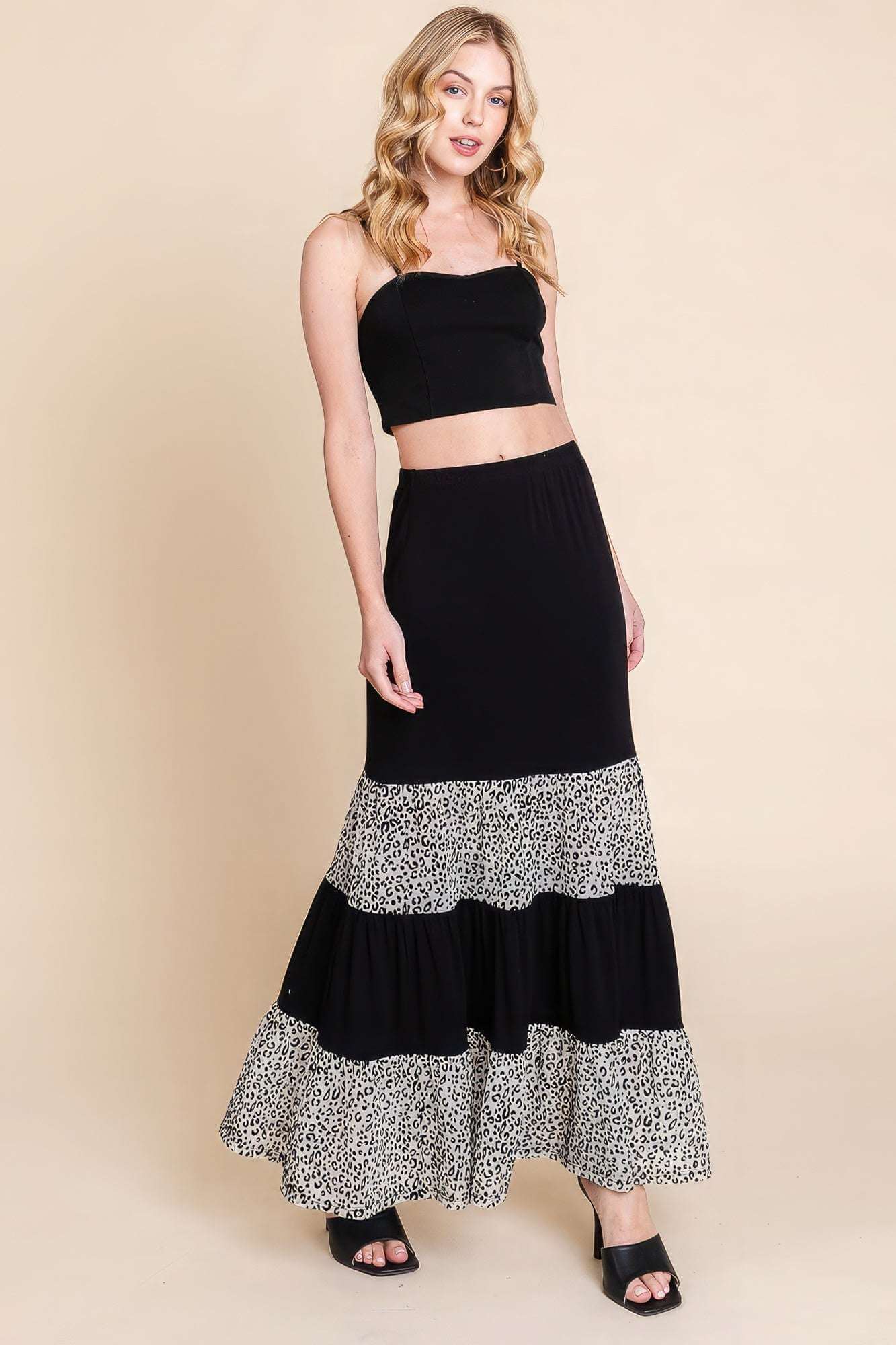 Long Tiered Contrast Fashion Skirt With Velvet Animal Print Mesh - The Diva Goddess